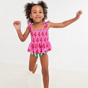 Hanna Andersson Smocked Mixie Posies Two-Piece Swimsuit Sz 4 100cm Peplum GUC